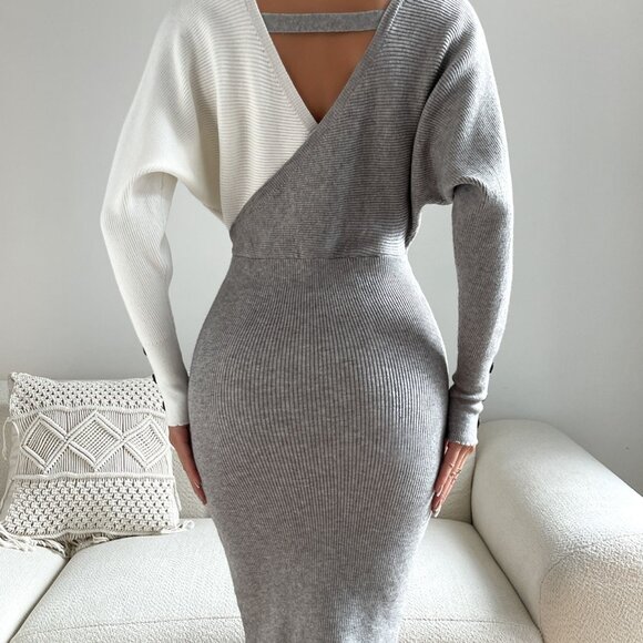 Grey Elegant Women's Two Tone Cuff Rib-Knit Cut Out Back Sweater Dress - Picture 2 of 6